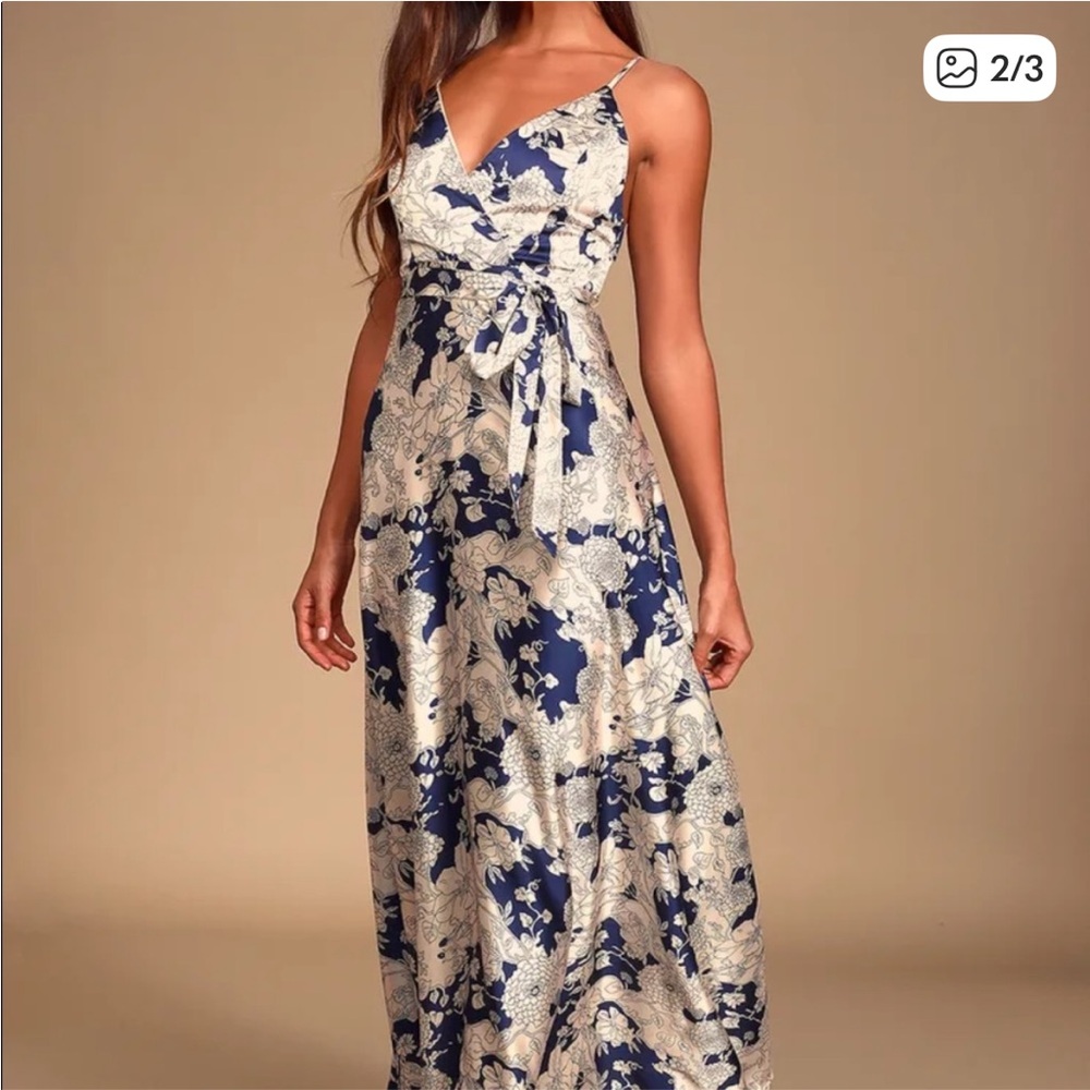 Lulus Blue and White Floral Satin Maxi Dress